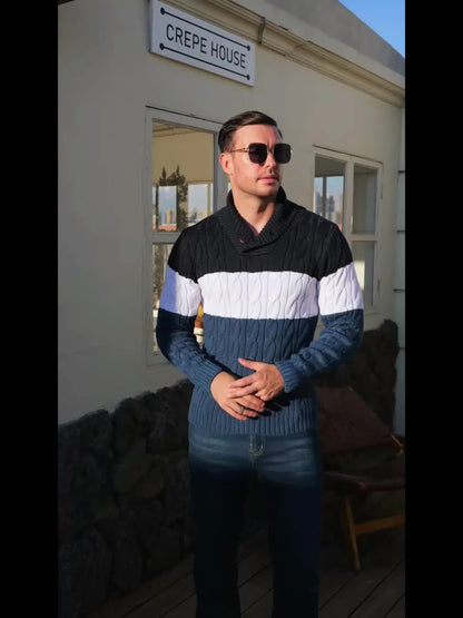Men's Business Style Color-Block Sweater, Fashionable Trendy Spliced Large Lapel Pullover, Versatile Button-Design Sweatshirt