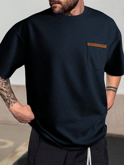 Men's Solid T-shirt With Chest Pocket, Casual Short Sleeve Crew Neck Tee, Men's Clothing For Summer Outdoor