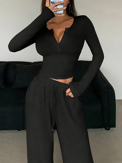 Elegant Fall/Winter Slim-Fit Cropped Top & Wide-Leg Pants Set - ayq