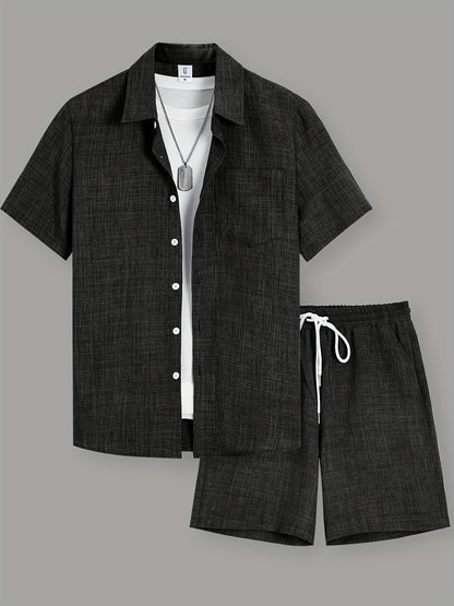Men's Summer Casual Solid Color Shirt and Shorts Set