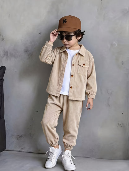 Boys' Casual Corduroy Set with Long-Sleeve Jacket & Pants