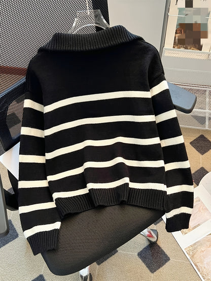 Elegant Striped Zip-Up Knit Sweater - Cozy Acrylic & Polyester Blend, Perfect for Fall/Winter, Cozy Sweater