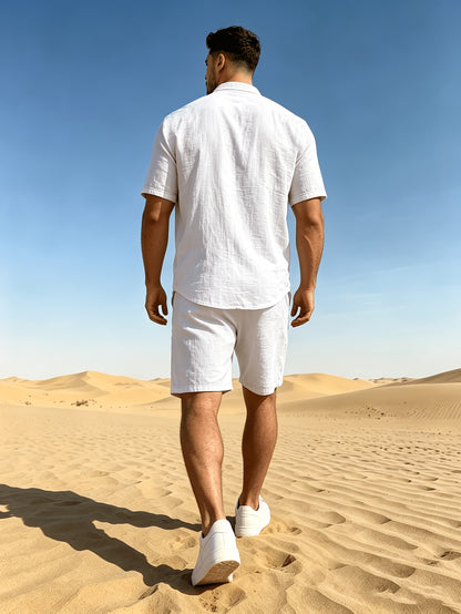 Men's Linen Short Sleeve Shirt & Solid Shorts Set for Summer
