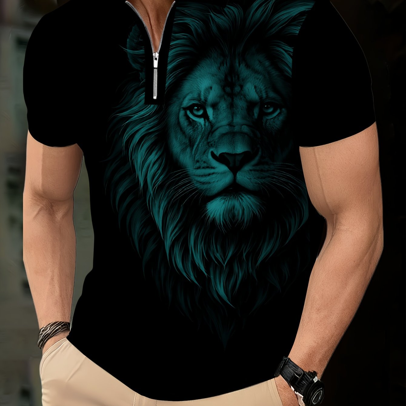 Men's Zip Shirt Short Sleeve Summer Trendy Lion Print Collar T-Shirt Business Casual Slim Fit Men's Top Women's Clothing - ayq