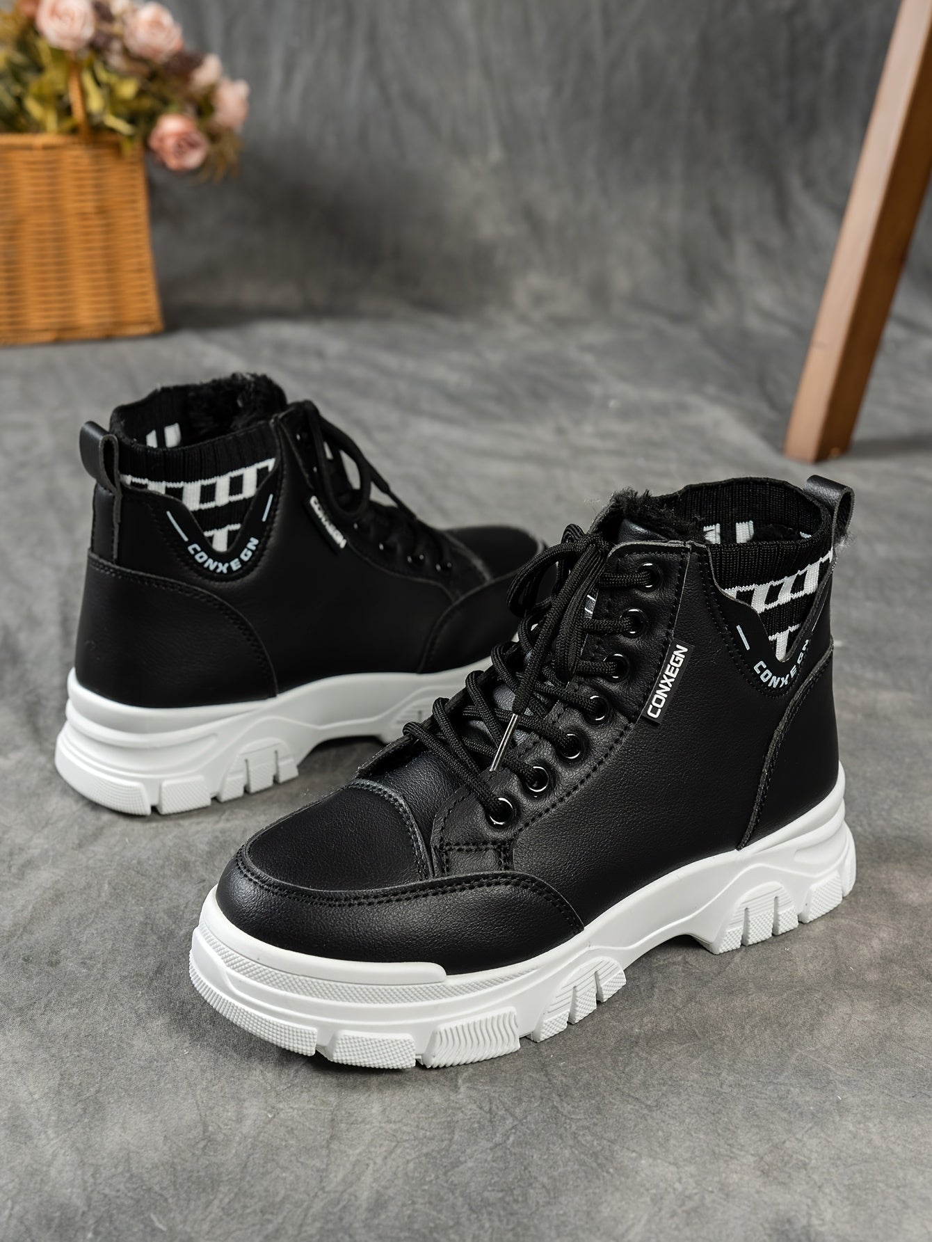 gfhfgjjfg Women's Casual High-Top Platform Ankle Boots with Lace-Up Closure, Thick Rubber Sole & Faux Cover Upper - Winter Warm Round Toe Boots for Casual Attire (Black/White/Beige), Comfortable Footwear, Durable Traction Foo