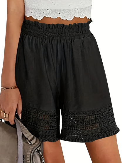 Solid Tassel Hem Loose Shorts, Vacation Paper Bag Waist Summer Shorts, Women's Clothing