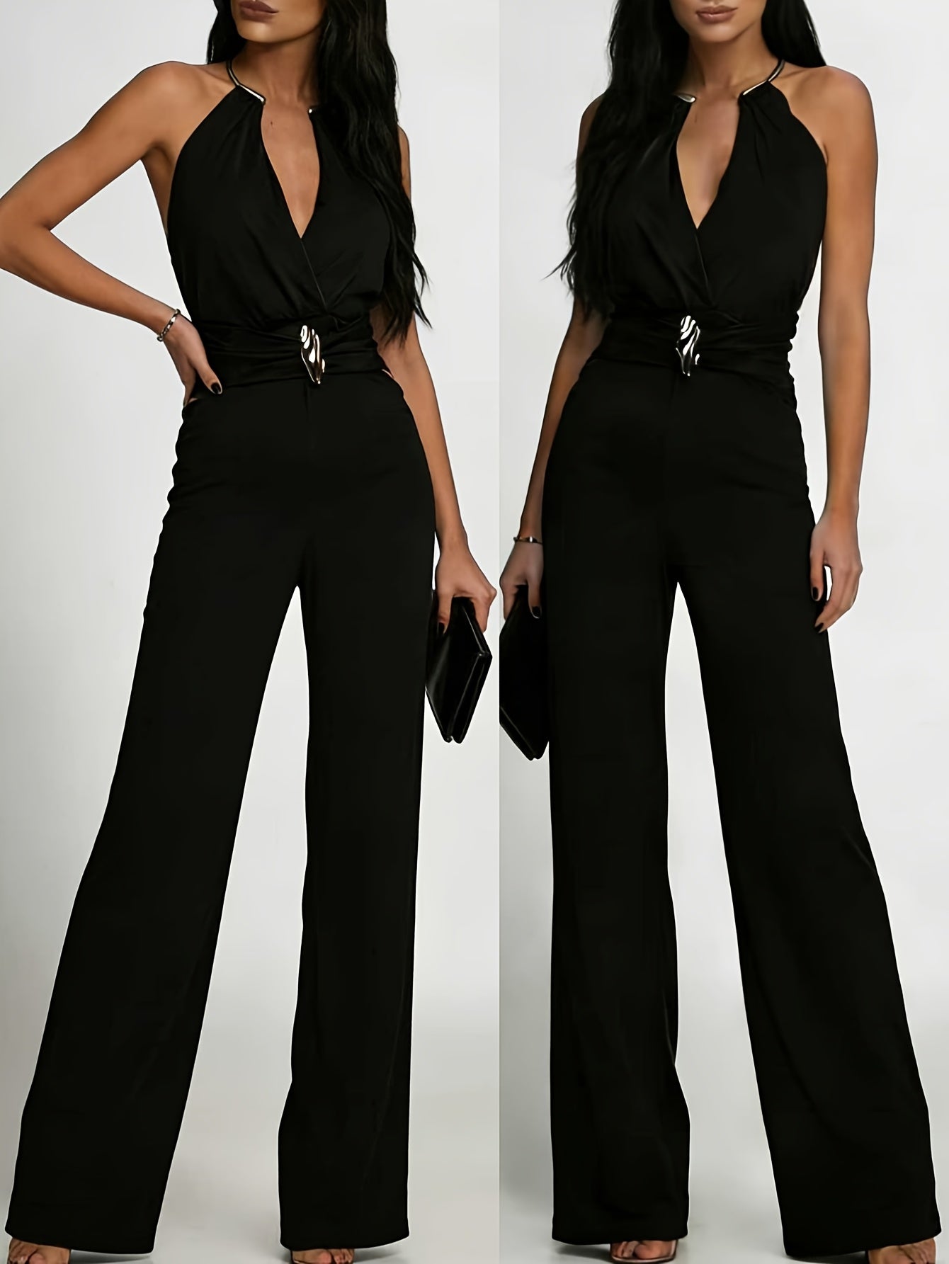 Women’s Chic Deep V-Neck Pleated Jumpsuit with Jewel Detail