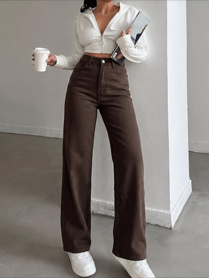 High-Waist Coffee Straight-Leg Jeans for Women, Stretch Denim
