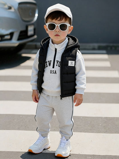 Boys' 3-Piece Fall/Winter Casual Set with Hooded Vest & Letter Print