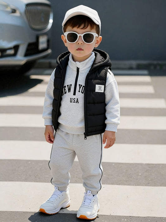 Boys' 3-Piece Fall/Winter Casual Set with Hooded Vest & Letter Print