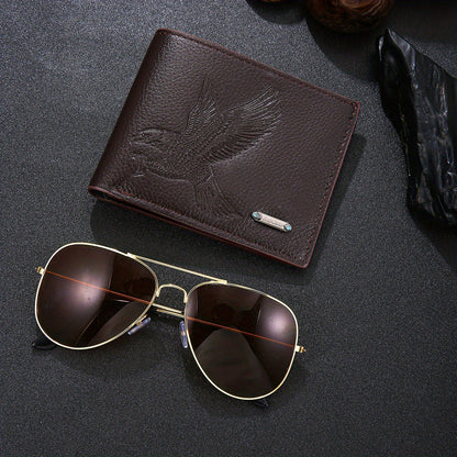 2pcs Men's wallet set with an eagle spreading its wings design, featuring fine embossing and a metal nameplate, paired with stylish glasses to showcase a rugged style, suitable for daily use by mature men or as a holiday gift