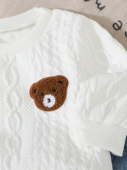Cute Baby Boy Fall Set: Bear Sweatshirt & Denim Jogger Pants