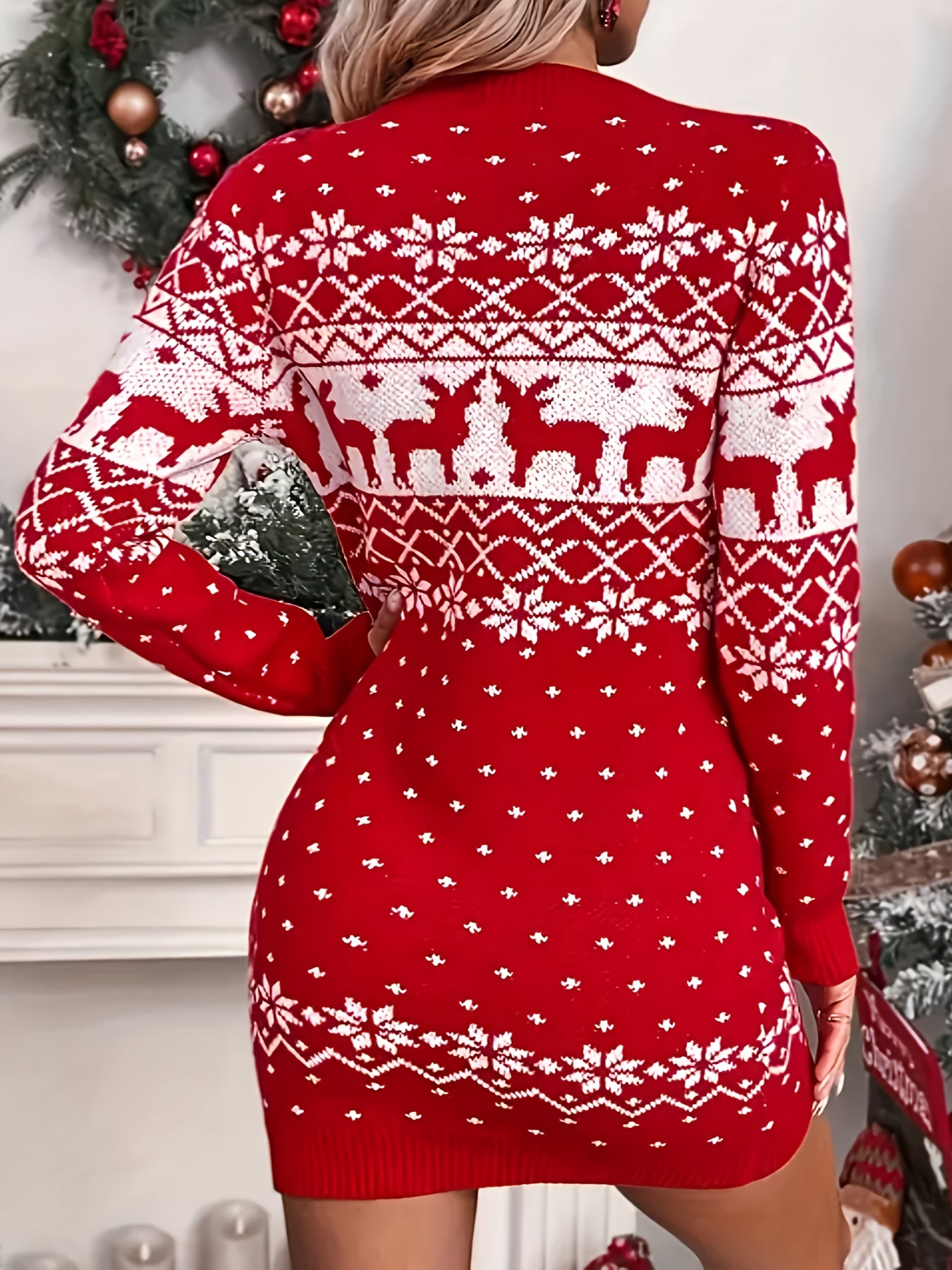 Women'S Christmas Reindeer Print Sweater Dress - Long Sleeve, Round Neck, Ribbed Texture, Green & Holiday Party Outfit, Perfect for Festive Gatherings