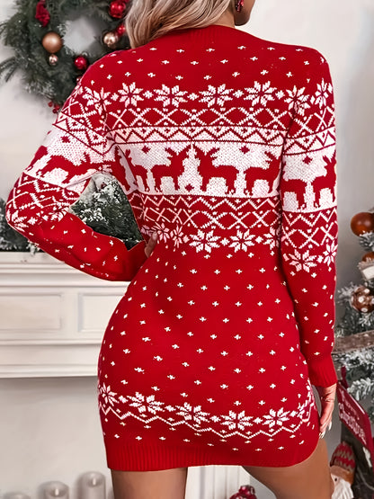 Women'S Christmas Reindeer Print Sweater Dress - Long Sleeve, Round Neck, Ribbed Texture, Green & Holiday Party Outfit, Perfect for Festive Gatherings