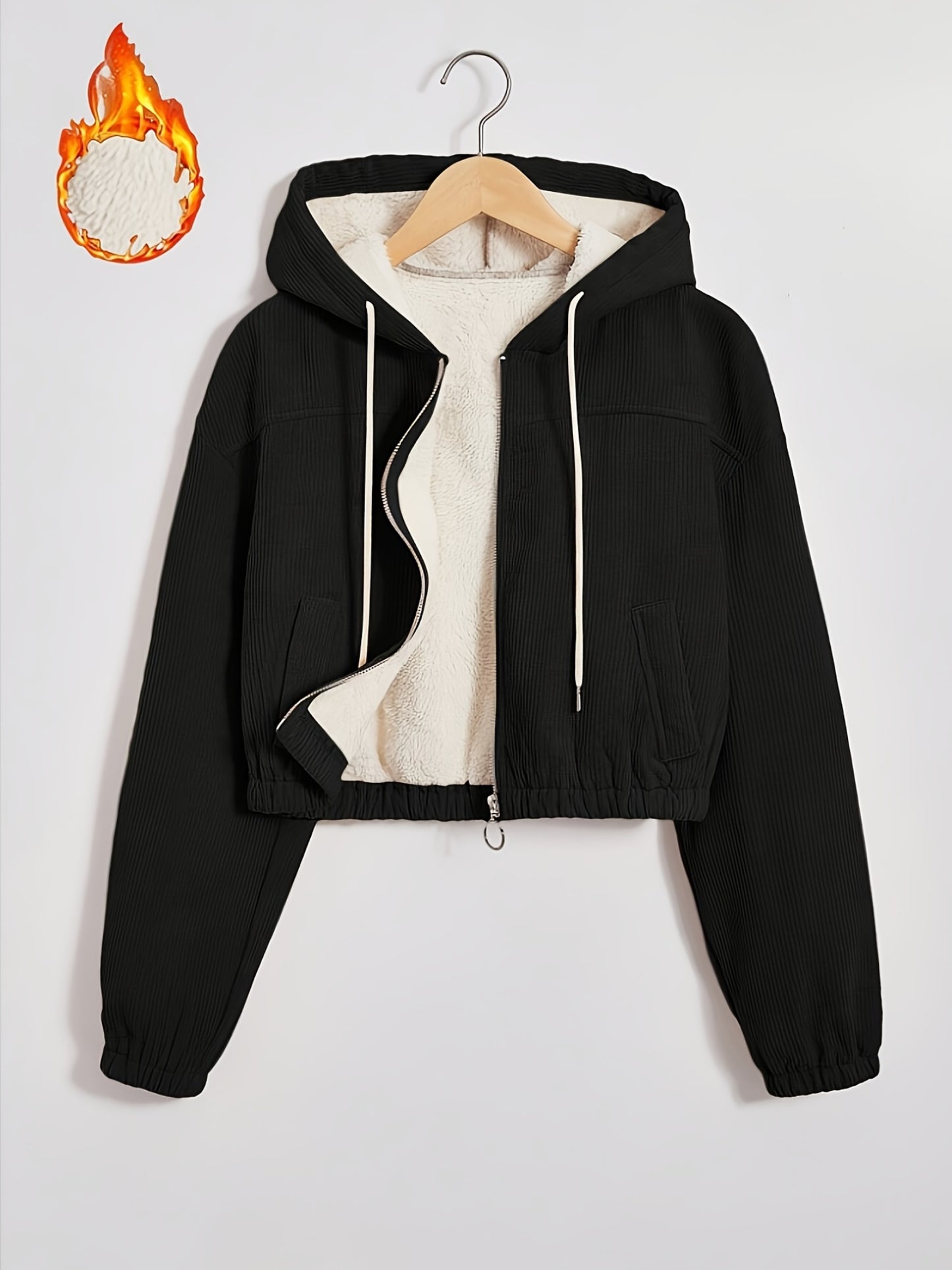 Կանացի սև գլխարկով բաճկոն՝ բրդյա աստառով - Ձմեռային վերարկու՝ ամբողջական կայծակաճարմանդով, առջևի ամբողջական կայծակաճարմանդով փակվող, կայծակաճարմանդով գրպաններ, լվացքի մեքենայով լվացվող արտաքին պատյան