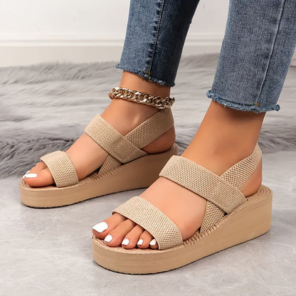 Women'S Summer Wedge Sandals, Comfortable Fabric Upper, Slip-On Round Toe Platform Heel, Casual Beach Shoes with Rubber Sole and Insole