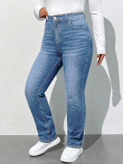 Women'S High-Waisted Straight Leg Jeans, 68.5% 25.7% Polyester 4.3% Viscose 1.5% Elastane, Casual Skinny Fit Denim Pants with Zipper Fly, All-Season Solid Color, 300g/m² Fabric Weight, Long Length - No Belt Required