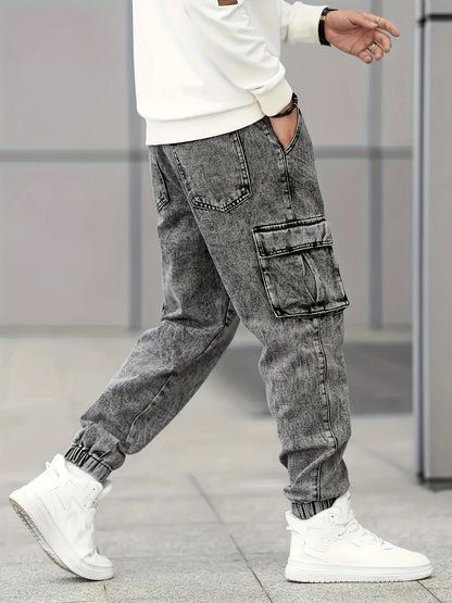Men's Slim Fit Cargo Jeans - Stylish Gray Denim with Multiple Pockets, Durable Cotton/Polyester Blend, All-Season Wear