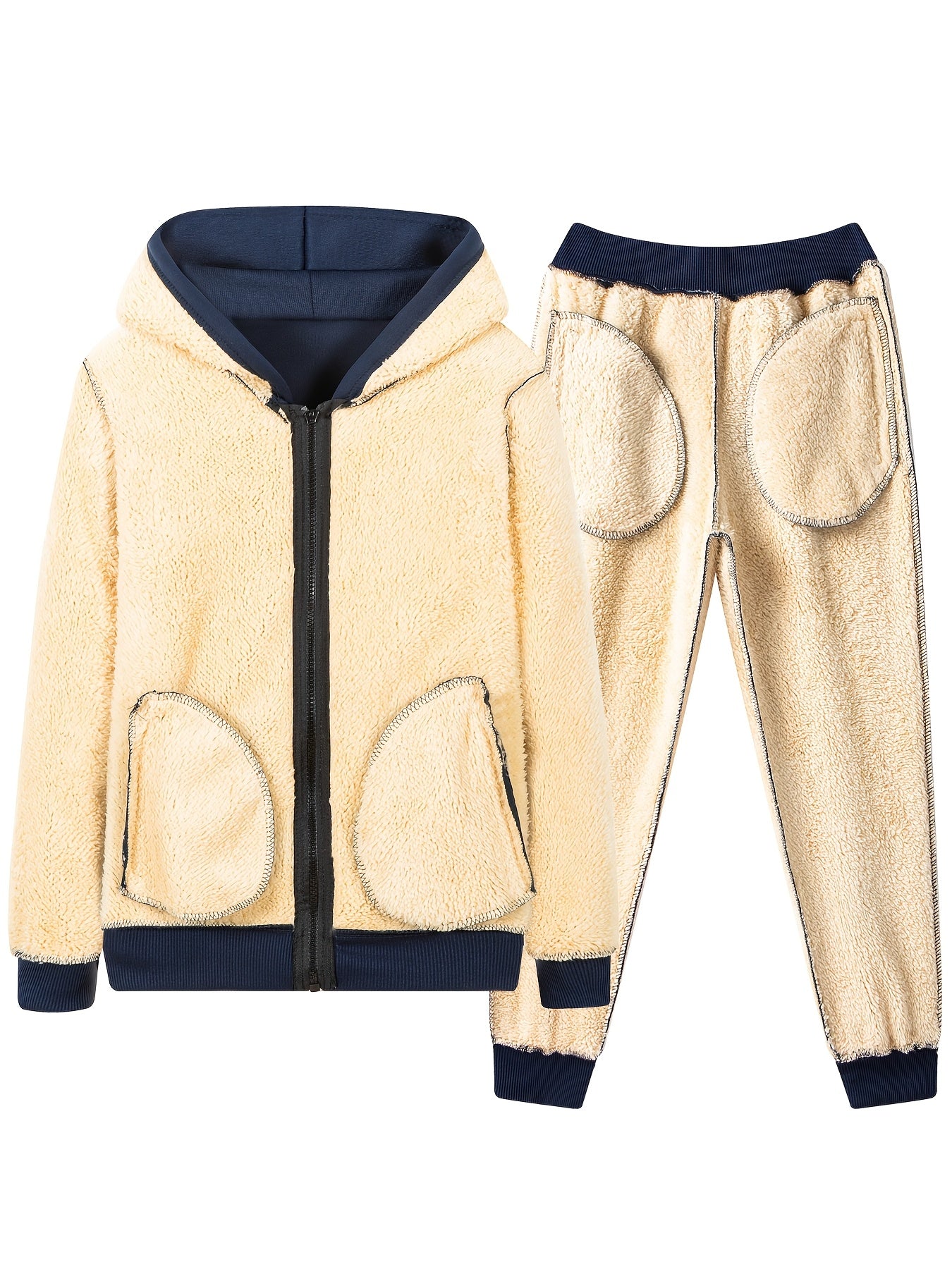 2pcs Boys' Fashion Fleece-Lined Thickened Jacket + Pants Set, Stylish Zip-Up Hoodie and Casual Sportswear Outfit for Autumn/Winter, Perfect Gift, Perfect for Outdoor, Autumn/winter Coat For Boy, Sportswear Suit For Boy, Boy C