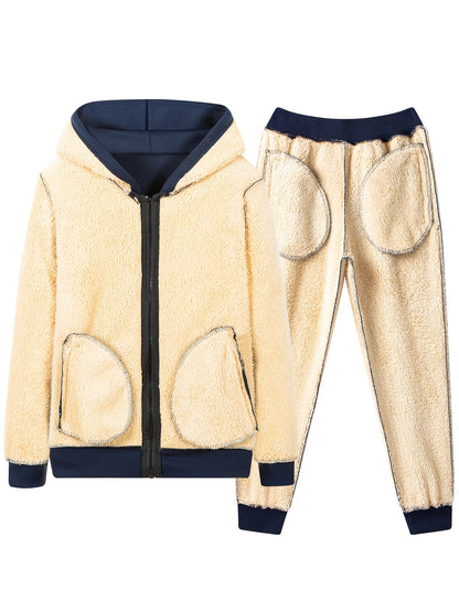 2pcs Boys' Fashion Fleece-Lined Thickened Jacket + Pants Set, Stylish Zip-Up Hoodie and Casual Sportswear Outfit for Autumn/Winter, Perfect Gift, Perfect for Outdoor, Autumn/winter Coat For Boy, Sportswear Suit For Boy, Boy C