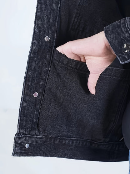 Men's Spring/Autumn Denim Jacket - Casual Chic Style, Black Blend with Red Accents, Button-Up with Flap Pockets, Long Sleeves, Ideal for Hiking & Casual Attire, Outdoor Apparel|Classic Denim Style|Durable Fabric