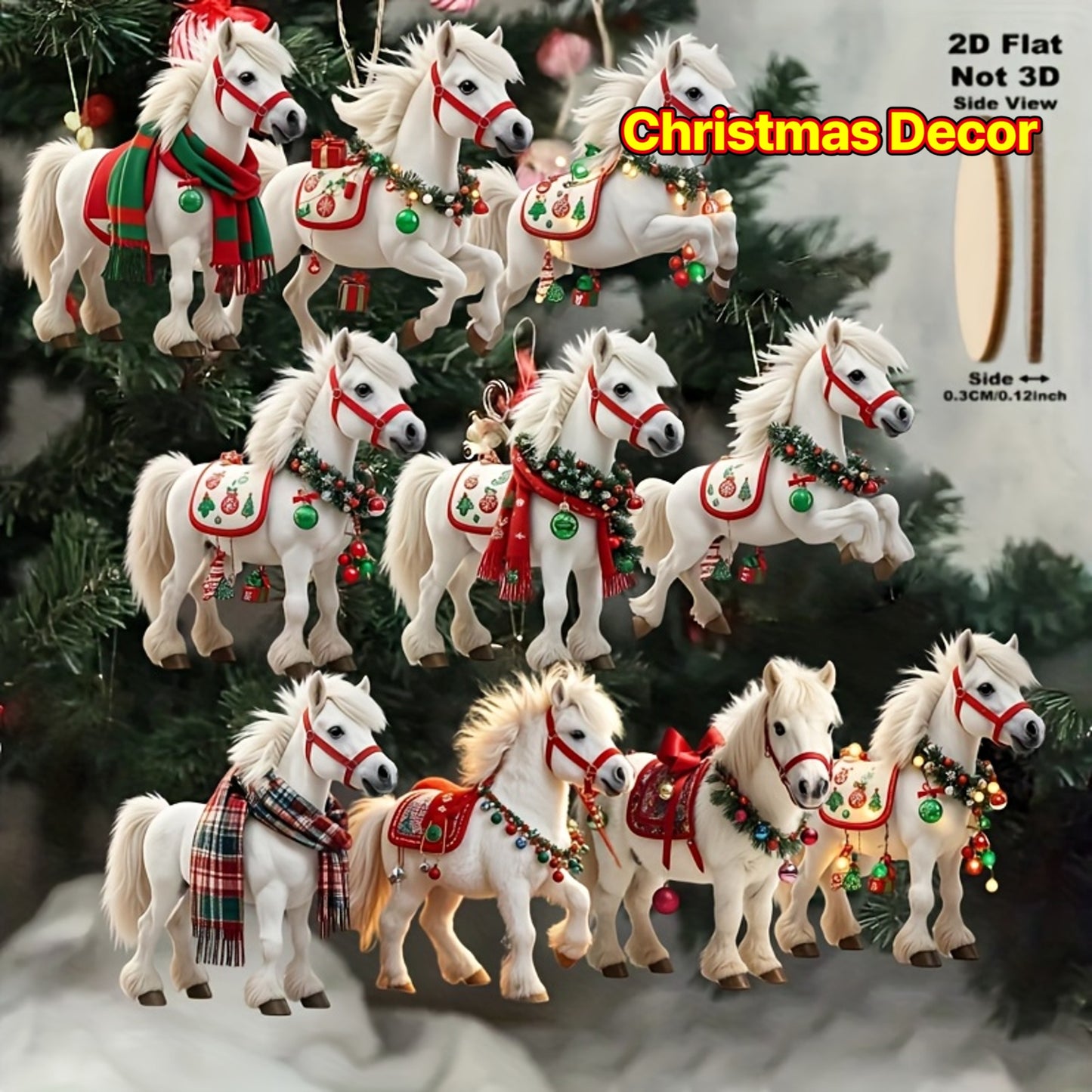 2D Flat, 10pcs White Horse Christmas Tree Ornaments - 2D Flat Hanging Decorations with Red & Green Harnesses, No Electricity Needed