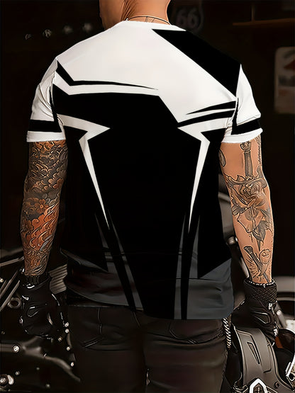 Men'S 3D Printed Short Sleeve T-Shirt - Stylish Black and White Geometric Design, Lightweight Polyester Fabric, Regular Fit Crew Neck for Casual Wear, Modern Apparel   Geometric Pattern Shirt   Lightweight Tshirt