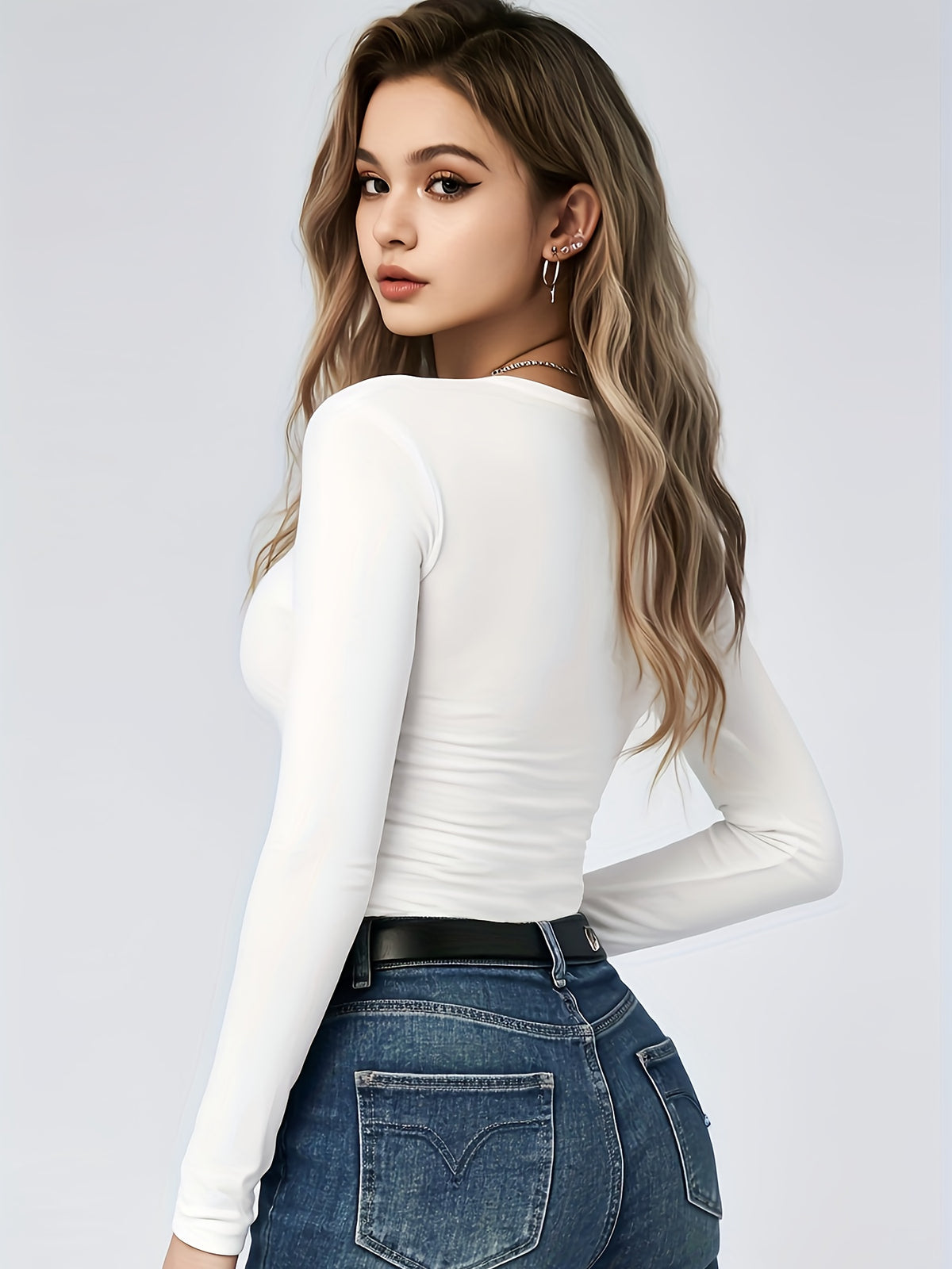 Women's 3-Piece Long-Sleeve Crewneck Slim T-Shirts Set
