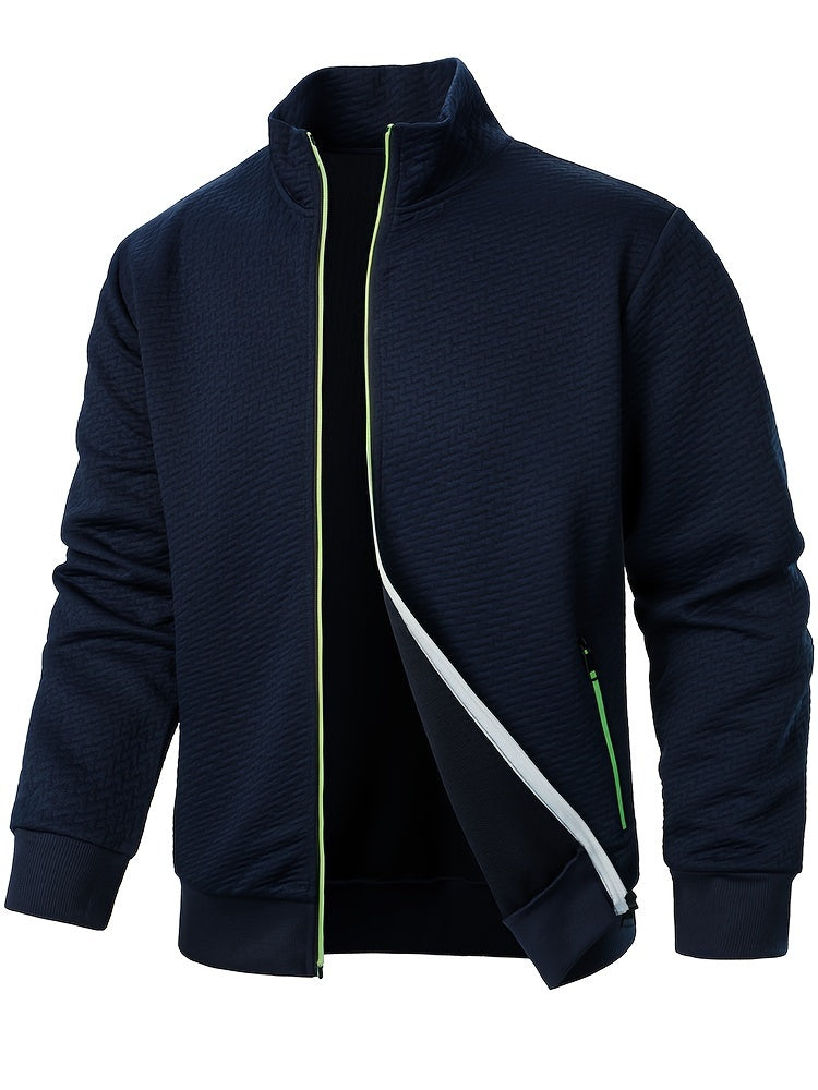Men's Casual Zip Up Jacquard Jacket, Chic Stand Collar Coat for Spring Fall, Autumn And Winter, Hoodie Top