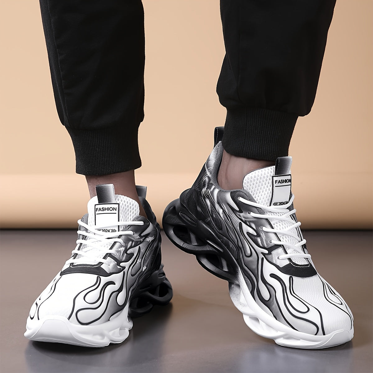 Trendy Black  White Gradient Sneakers - Breathable Mesh, Thick Sole for Height Boost, Fashion Athletic Casual Running Shoes with Flame Design, Perfect for Students  Casual Attire, High Top Sneakers