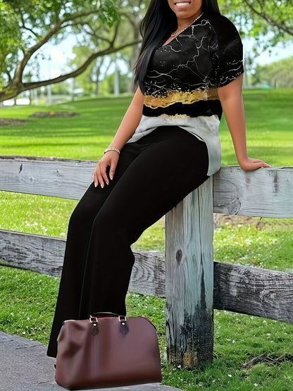 Xi Jun Bamboo Premium Casual Elegant V-Neck Printed Short Sleeve T-Shirt and Pants Two-Piece Set