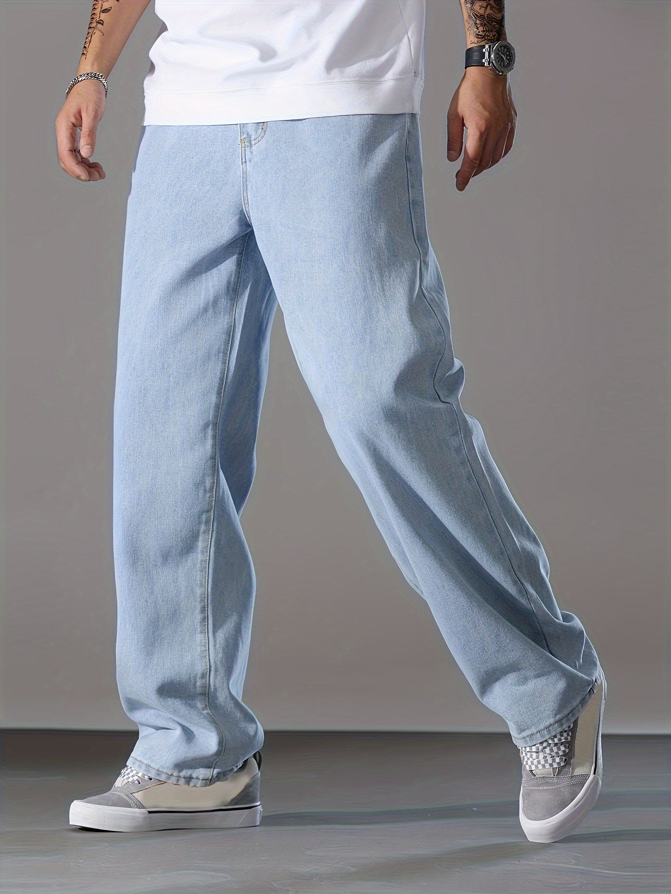 Men's Classic Straight-Leg Washed Blue Jeans - Comfort Fit Denim with Pockets, Mid-Rise, Non-Stretch Fabric, Perfect for Casual Wear