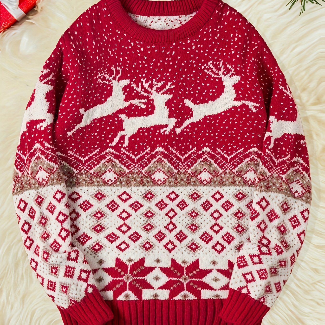 Men's Red & White Nordic Winter Knit Sweater with Reindeer & Snowflake Patterns - Soft Round Neck Long Sleeve Christmas Sweater for Men, Cozy Casual Winter Sweater for Holiday Parties & Casual Attire, Hand Washable, Festive S