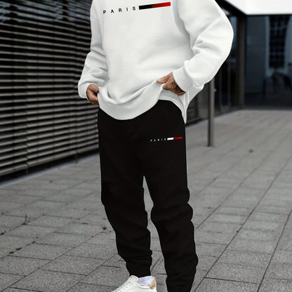 Men's Casual Sports Sweatshirt Set, Loose Fit Pullover Hoodie with Print, Polyester Blend, Round Neck, Stretch Knit, Autumn/Winter Collection