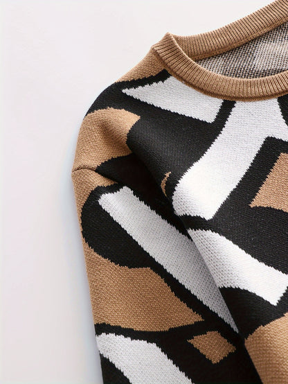 Temujin OBM Men's Fashion New Jacquard Color-Block Knit Long Sleeve Pullover Sweater