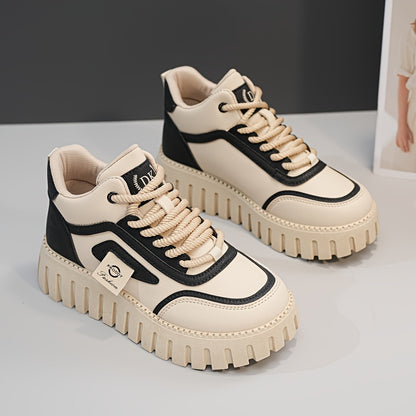 1 Pair Women'S Fashion Mid-Top Casual Sneakers, PU Upper, Fabric Lining, Rubber Sole, and EVA Insole, Lace-Up Design, with All-Season Versatile Athletic Shoes