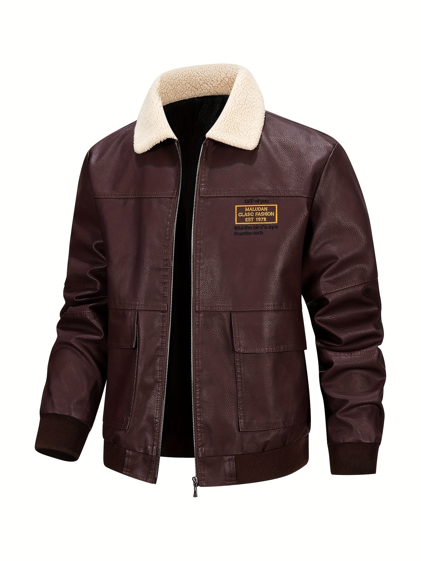 Men'S Faux Leather Bomber Jacket with Fleece Lining - Casual Motorcycle Style, Zip-Up, Long Sleeve, Drop Shoulder, Polyester Lining, Regular Fit, Outdoor & Hiking Wear, Outdoor Jacket | Bomber Jacket | Polyester Lined Jacket