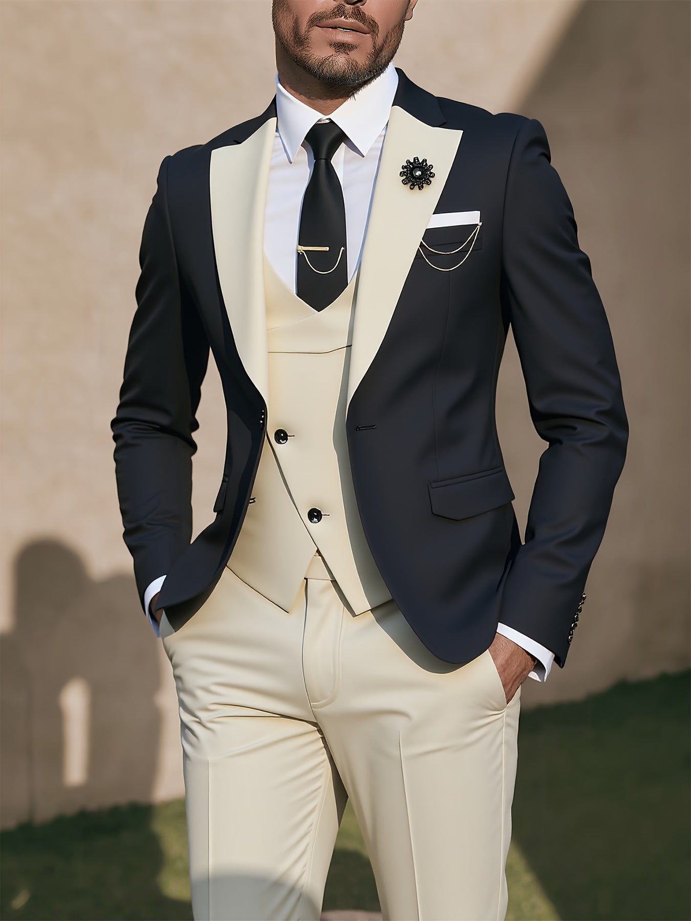Men's 3-Piece Polyester Suit with Vest and Trousers