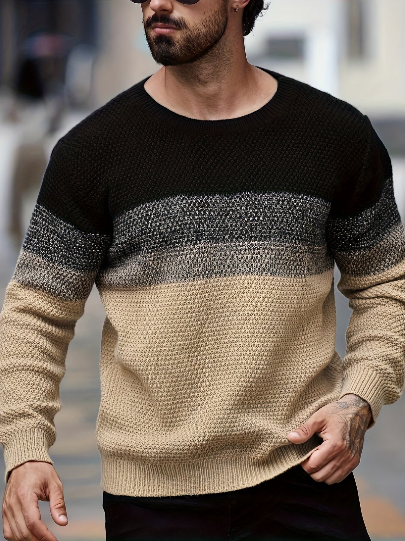 Տղամարդու ձմեռային գրադիենտային գունային բլոկներով տրիկոտաժե սվիտեր - ազատ չափի ոճի օմբրե խառնուրդ (տաք կլոր վզով սվիտեր)՝ ցուրտ եղանակի, առօրյա և էլեգանտ առօրյա հագուստների համար - անթափանցիկ ազատ չափի վերնաշապիկ