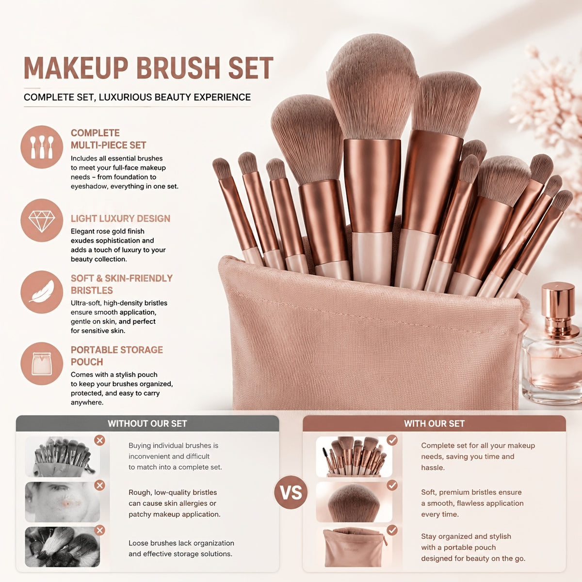 18pc Professional Makeup Brush Set with Puffs & Storage Bag