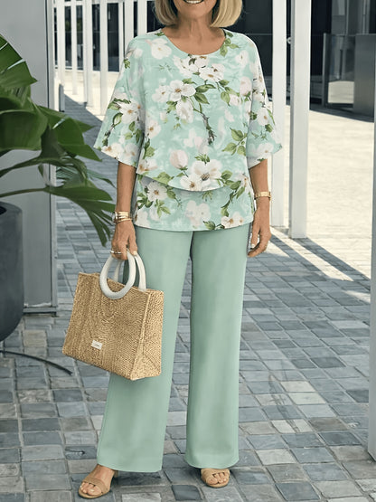 Women's Elegant Floral Pantsuit Set Short Sleeve for Spring