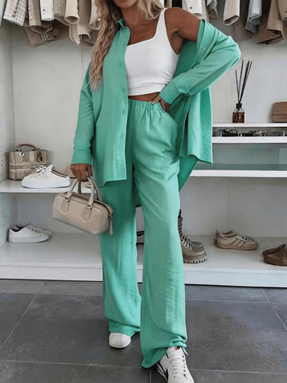 Women's Loose Shirt & Wide-Leg Pants Set - Elegant Polyester