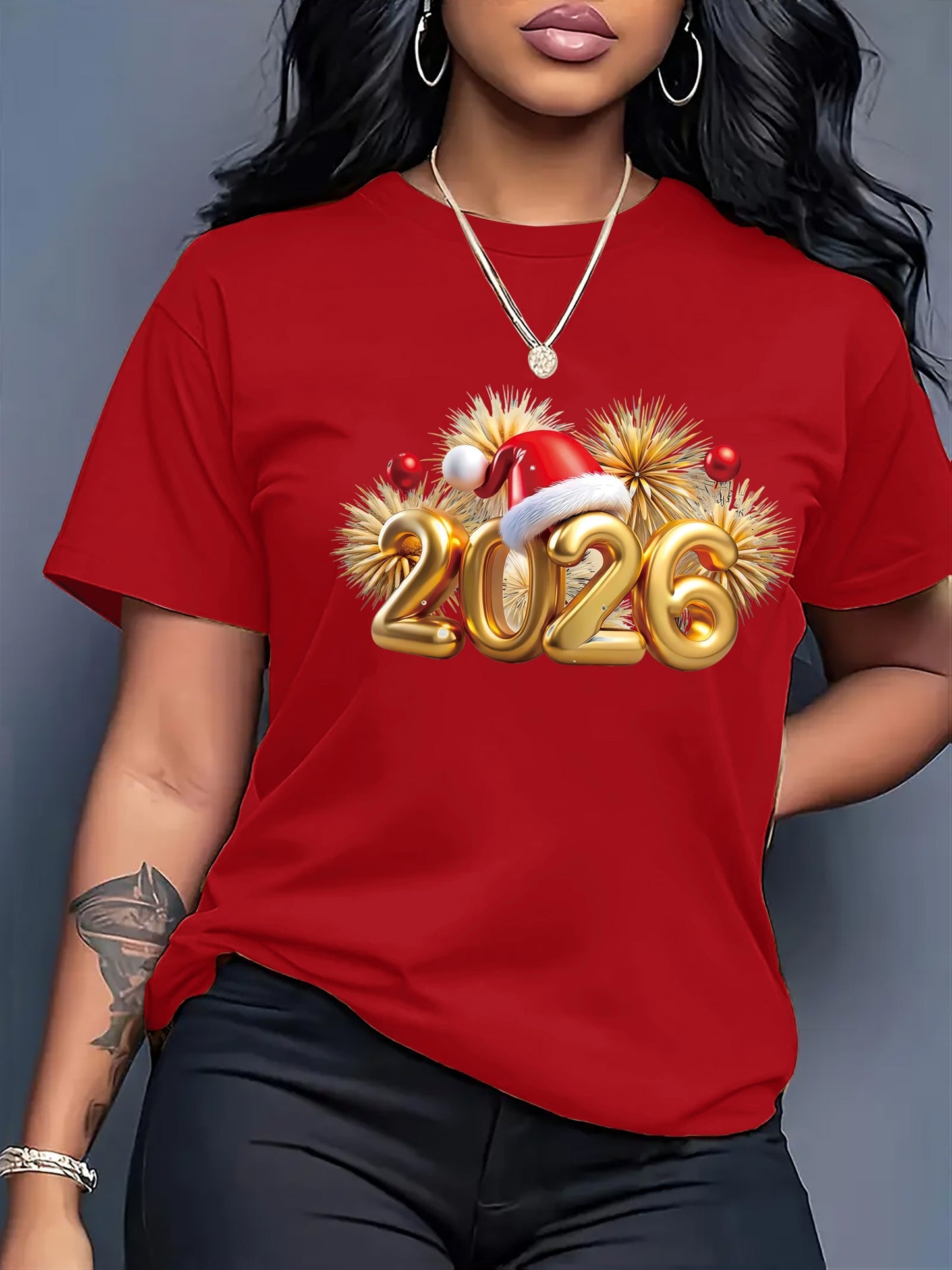 Women'S 2026 New Year Print T-Shirt - Red with Golden Number 2026 & Snowflake Design, Casual Round Neck Tee for Spring/Summer, Casual Wear Tops, |festive Tshirt|round Neck Tee, Christmas T Shirt