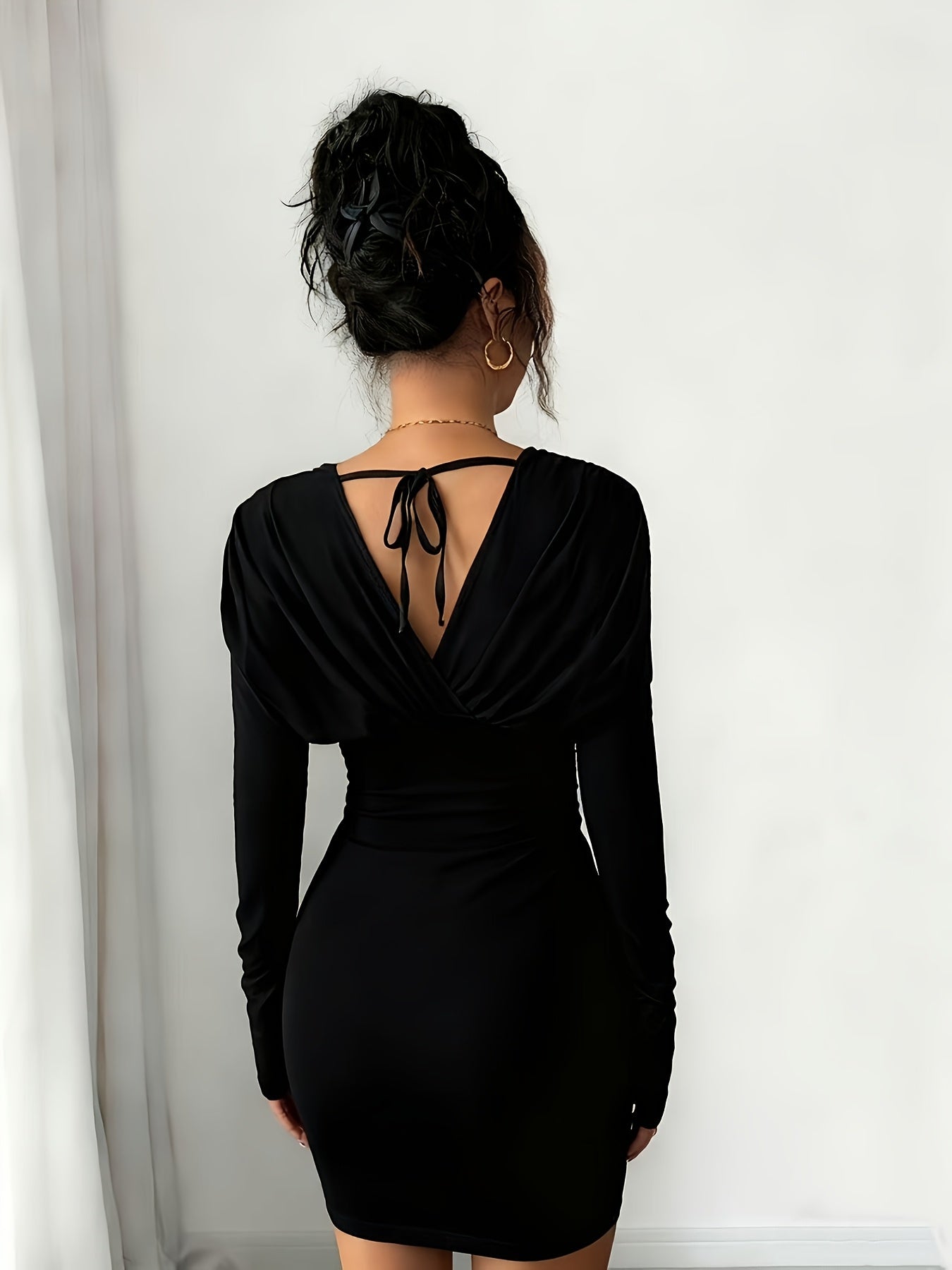 Elegant Black Pearl Detail Fitted Midi Dress | V-neck Tie Back, Chic Feminine Style, Bodycon Fit, Solid Color
