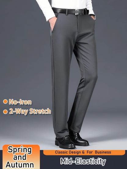 Men's Solid Color Dress Pants, Classic Design Slightly Stretch Formal Dress Pants For Business Occasions, Spring And Fall