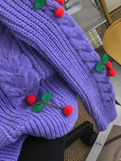 Women'S Purple Cable Cardigan with Cherry & Leaf Embellishments - Cozy Button-Up Sweater for Fall & Winter, Soft & Stylish Design, Perfect for Casual or Holiday Outfits, Winter Cardigan | Cable Cardigan | Buttoned Closure, Sw