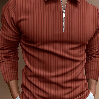 Men's Casual Sports Ribbed Long Sleeve Zipper Lapel Golf Shirt, Spring And Fall