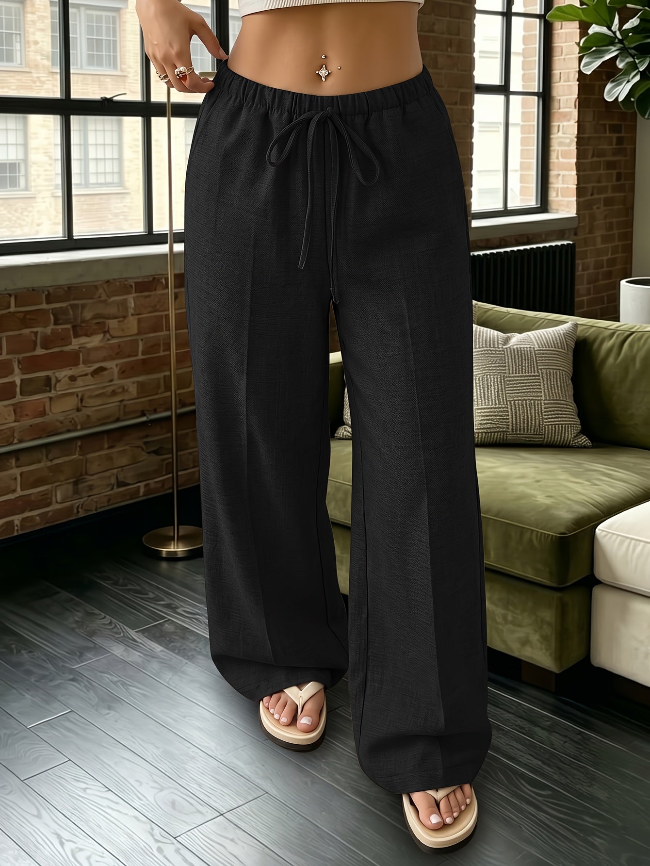 Women's Elegant Wide-Leg Tie-Leg Pants with Pockets