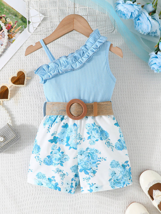 Baby's Vacation Style Flower Pattern Splicing One-Using Romper գոտիով, մանկական և նորածին աղջկա համար ամառային ամենօրյա և բացօթյա հագուստի համար