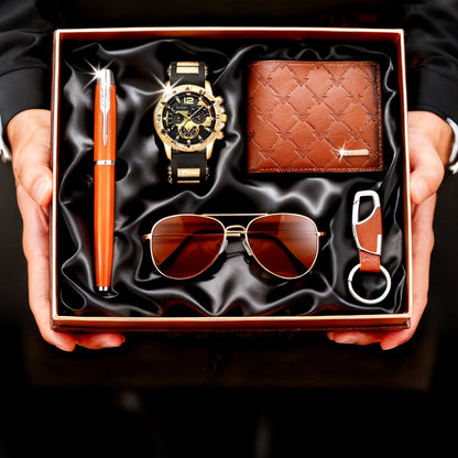 5 հատ 3 տղամարդու գեղեցիկ, բարձրակարգ քվարցային ժամացույց + դրամապանակ, ակնոց, բանալի շղթա, գելային գրիչ, արժեքավոր նվերների տուփի հավաքածու, որը լավագույն ընտրությունն է տոնական ծննդյան օրերի համար։